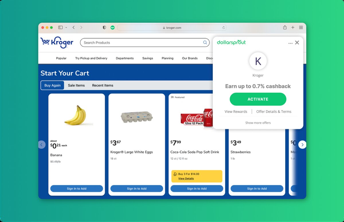 save money on groceries by earning cash back with the DollarSprout Rewards browser extension