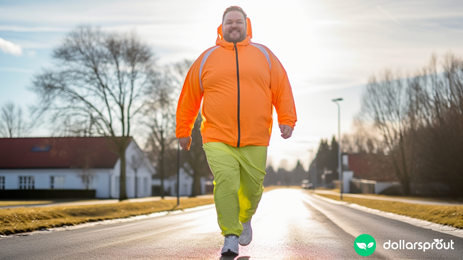 A slightly overweight man in a jogging suit going outside for a run on a cold morning in January.