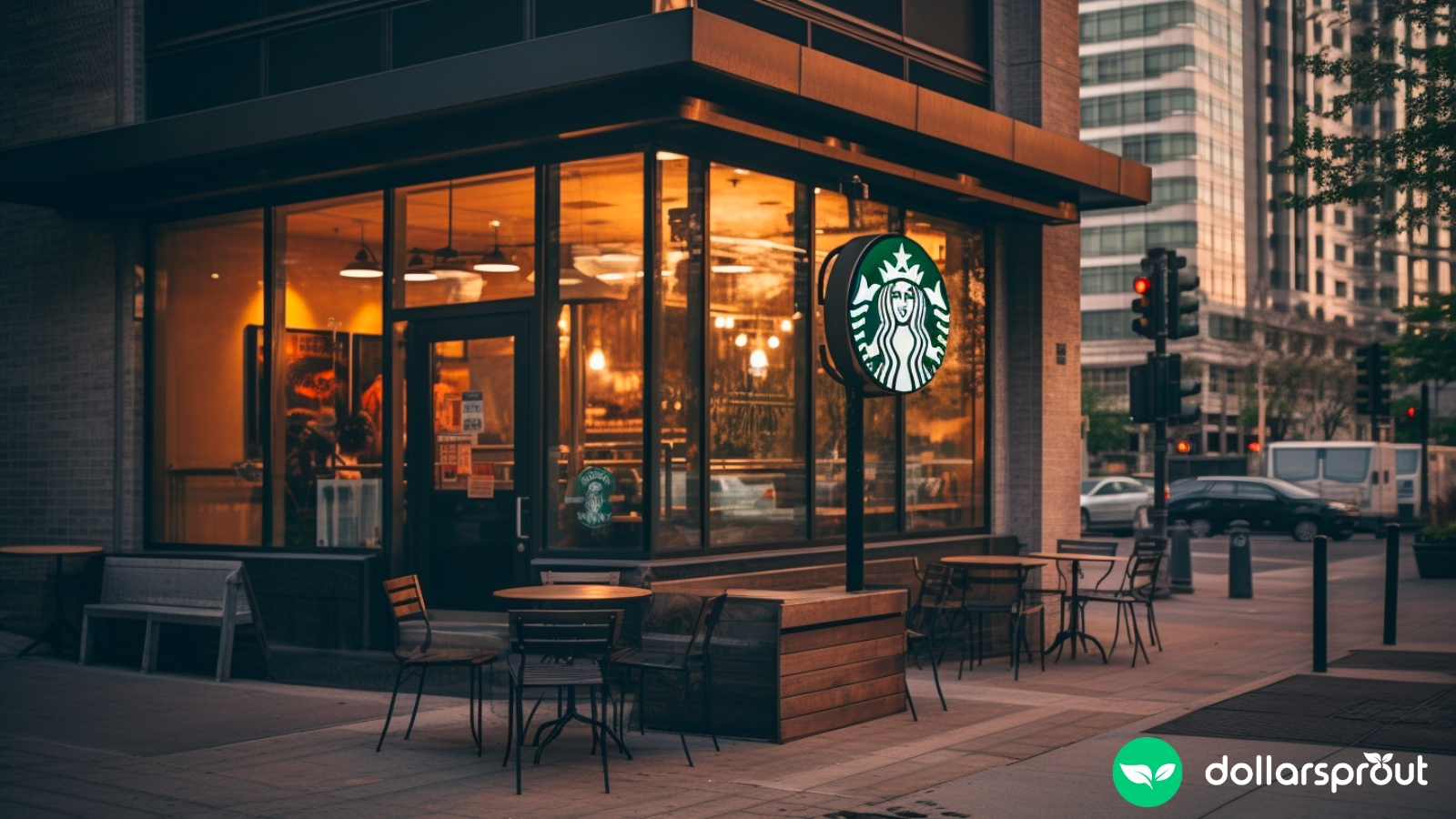 A Starbucks on a busy street corner.