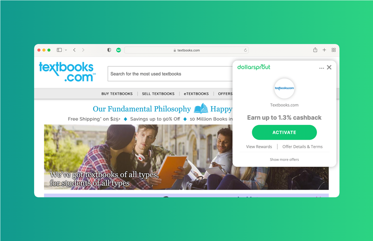 Screenshot showing DollarSprout Rewards savings offer on Textbooks.com