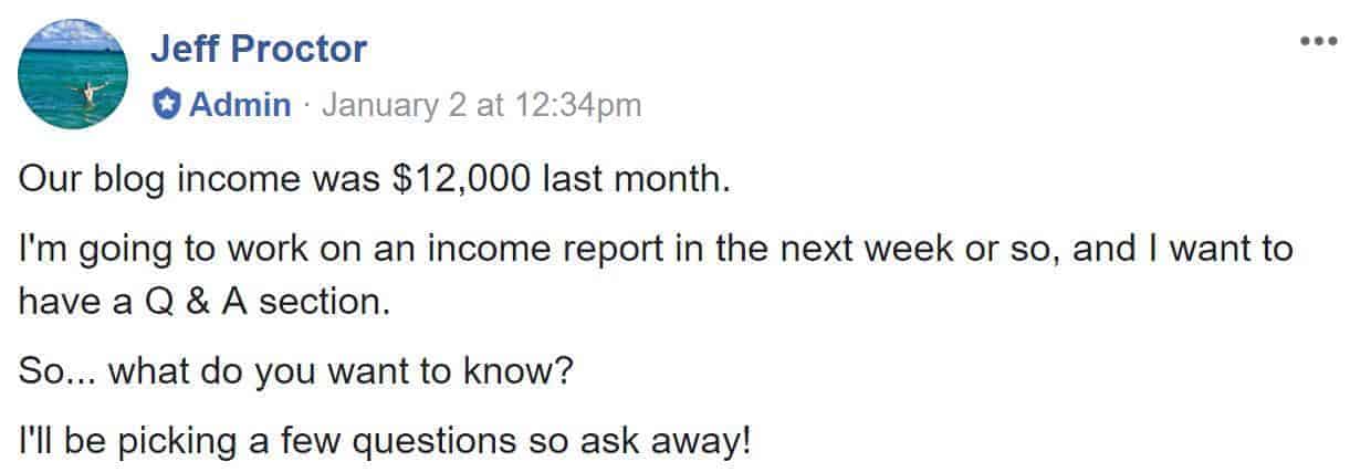 Facebook post of blog income report reader question