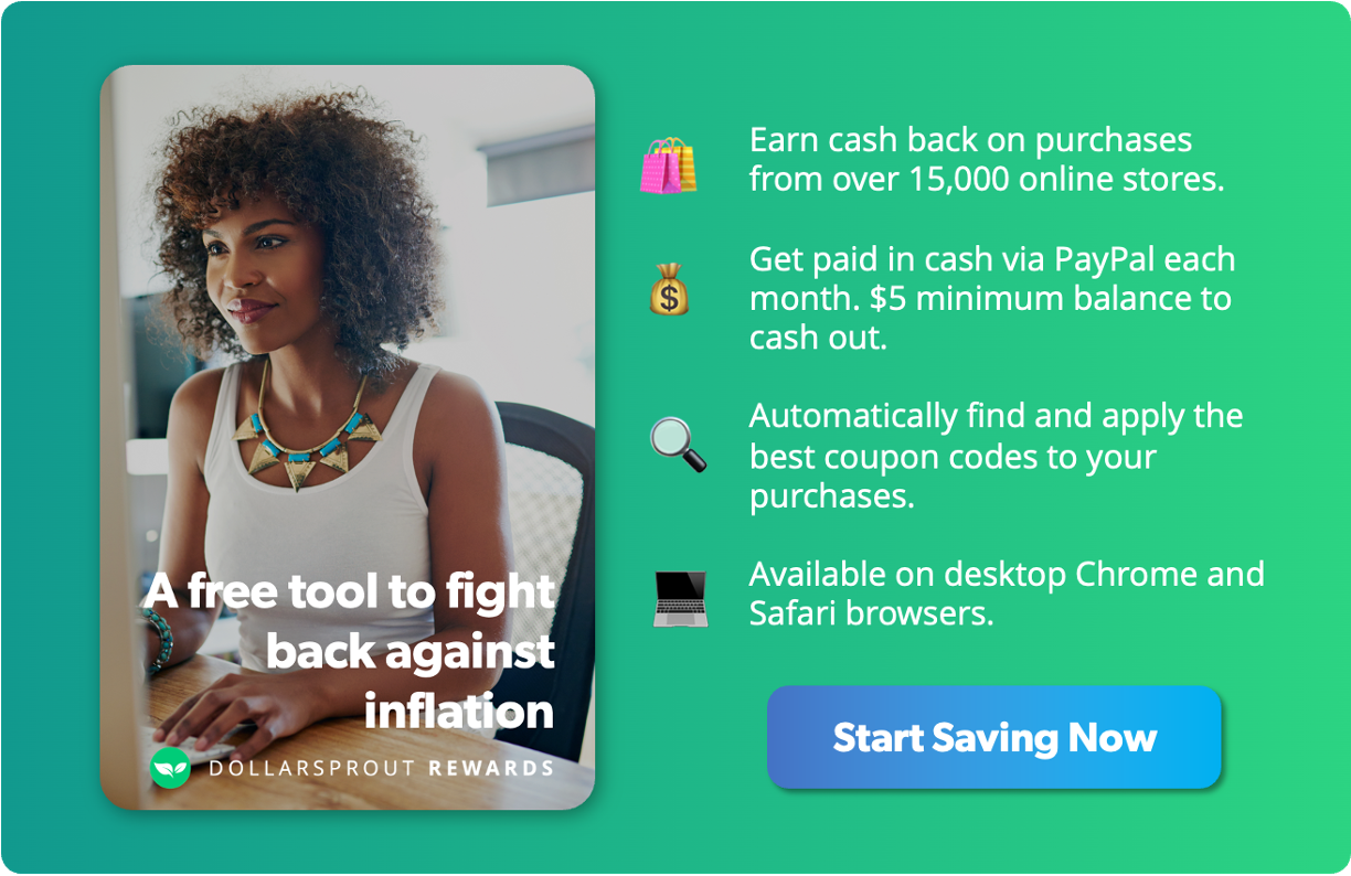 Infographic showing the benefits of the DollarSprout Rewards extension. 1. Deals at over 15,000 stores. 2. Automatic payouts each month via PayPal ($5 minimum balance). 3. Automatically applies the best coupon codes available. 4. Available on desktop Chrome and Safari browsers.