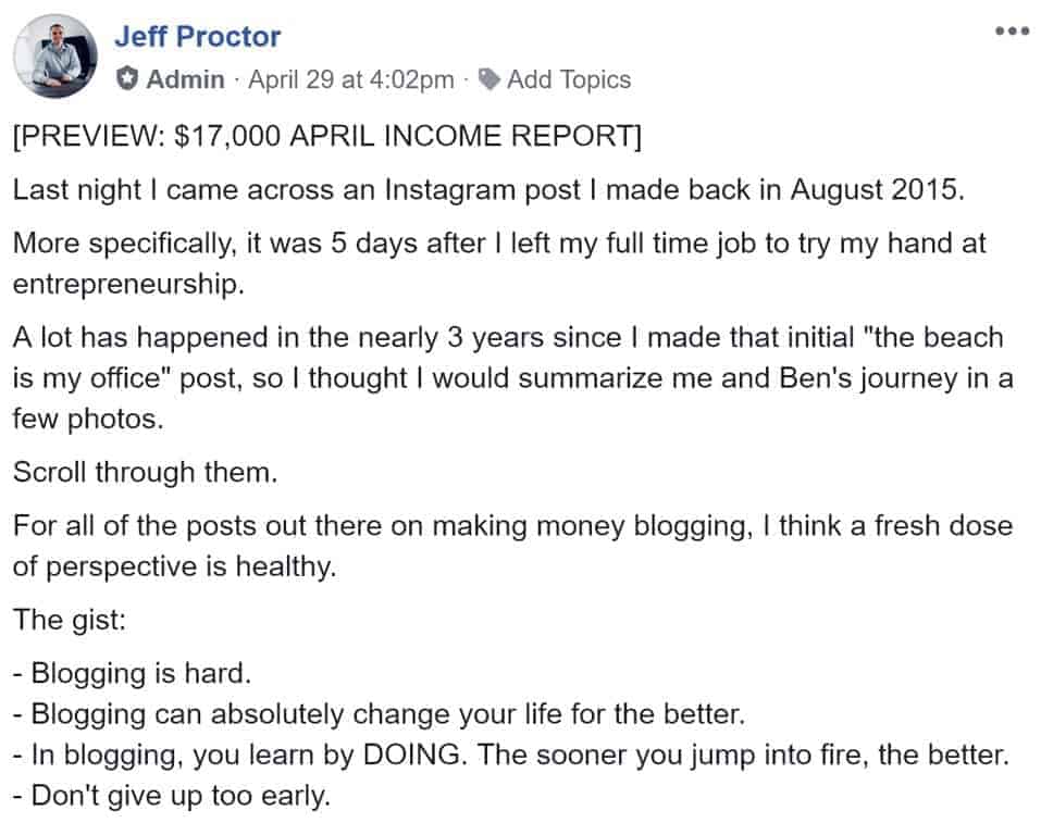 april income report preview post on Facebook