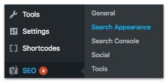 WordPress Dashboard menu SEO to Search Appearance-min