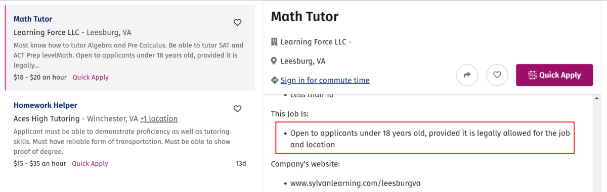example of math tutoring job for teen applicants found on simplyhired