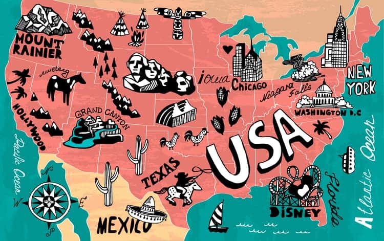 cartoon map of us travel destinations