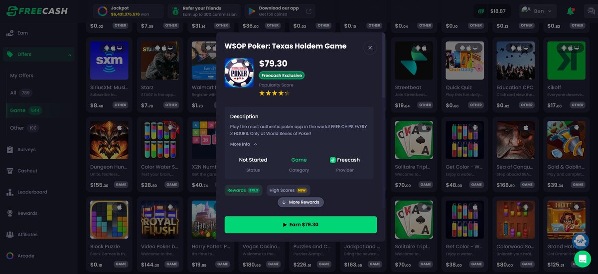 WSOP is one of hundreds of games users can play on freecash to earn real money