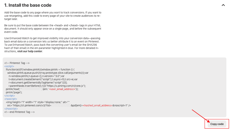 install the pinterest tag using the base code provided