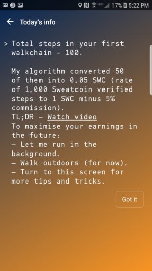 Example of a Sweatcoin daily app usage update