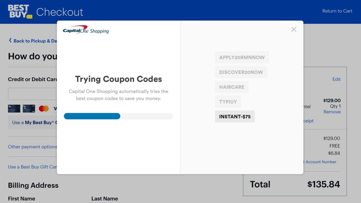 capital one shopping codes are applied to cart
