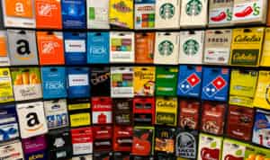 A rack of dozens of gift cards