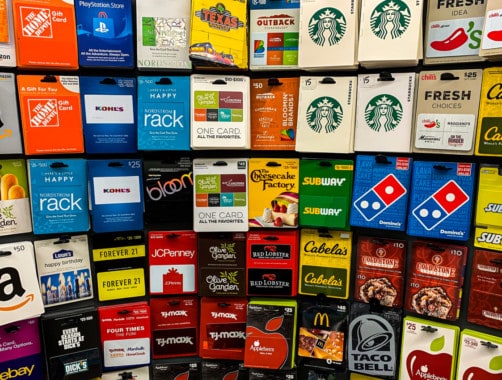 A rack of dozens of gift cards