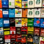 A rack of dozens of gift cards