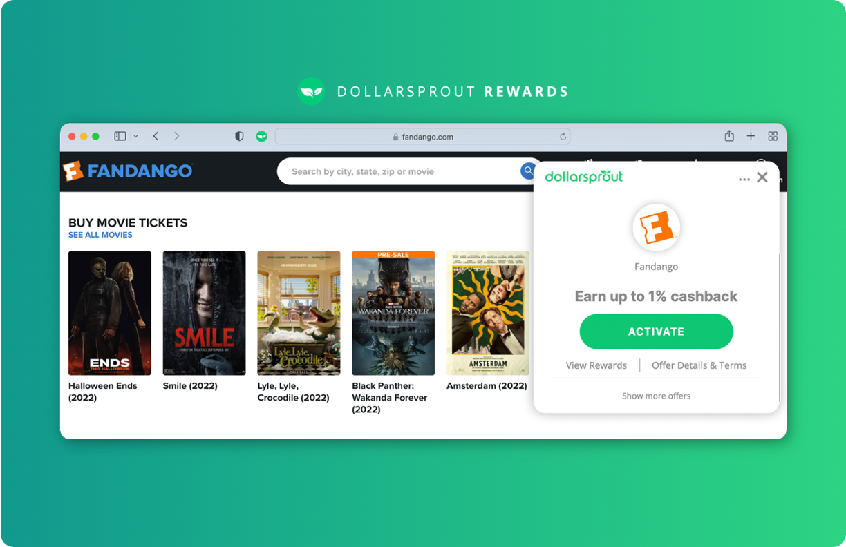 DollarSprout Rewards desktop browser extension offering a cash back deal at Fandango for movie tickets