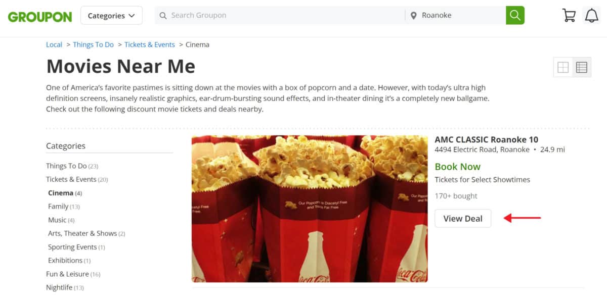 groupon movie deals section