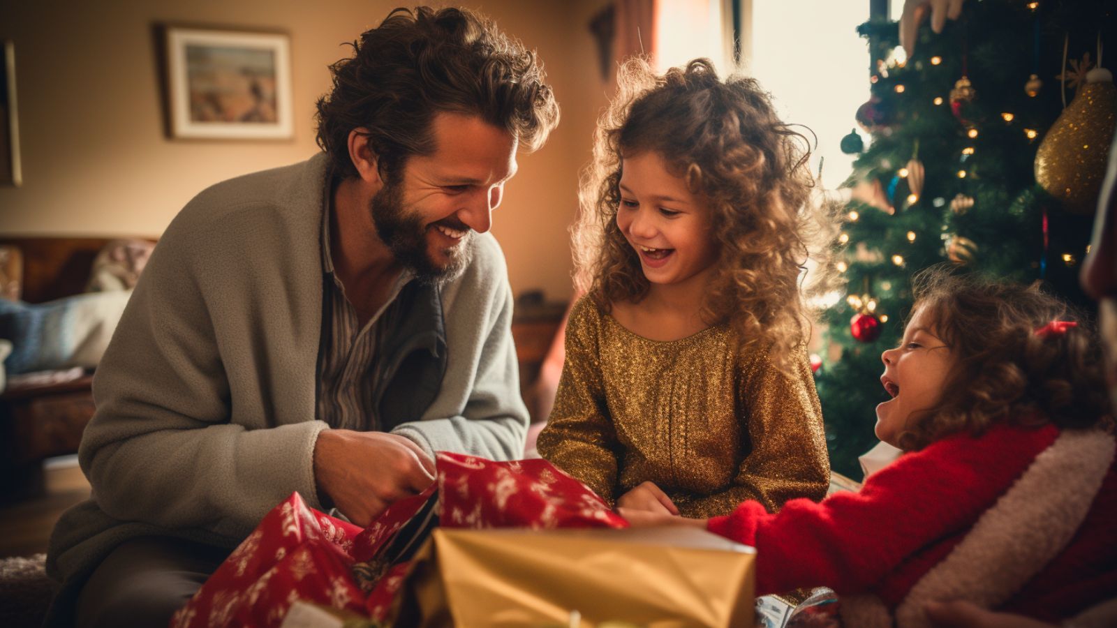 A father opening presents with his two young daughters on Christmas morning.