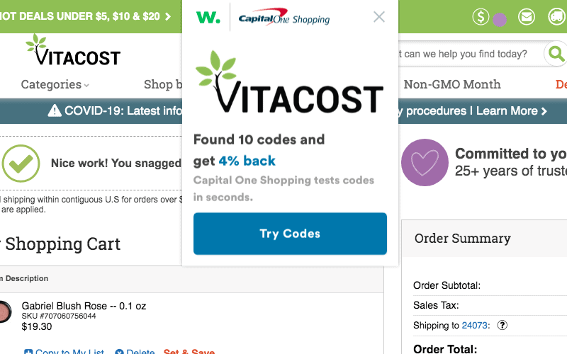 CapitalOne Shopping Coupon Popup on Vitacost