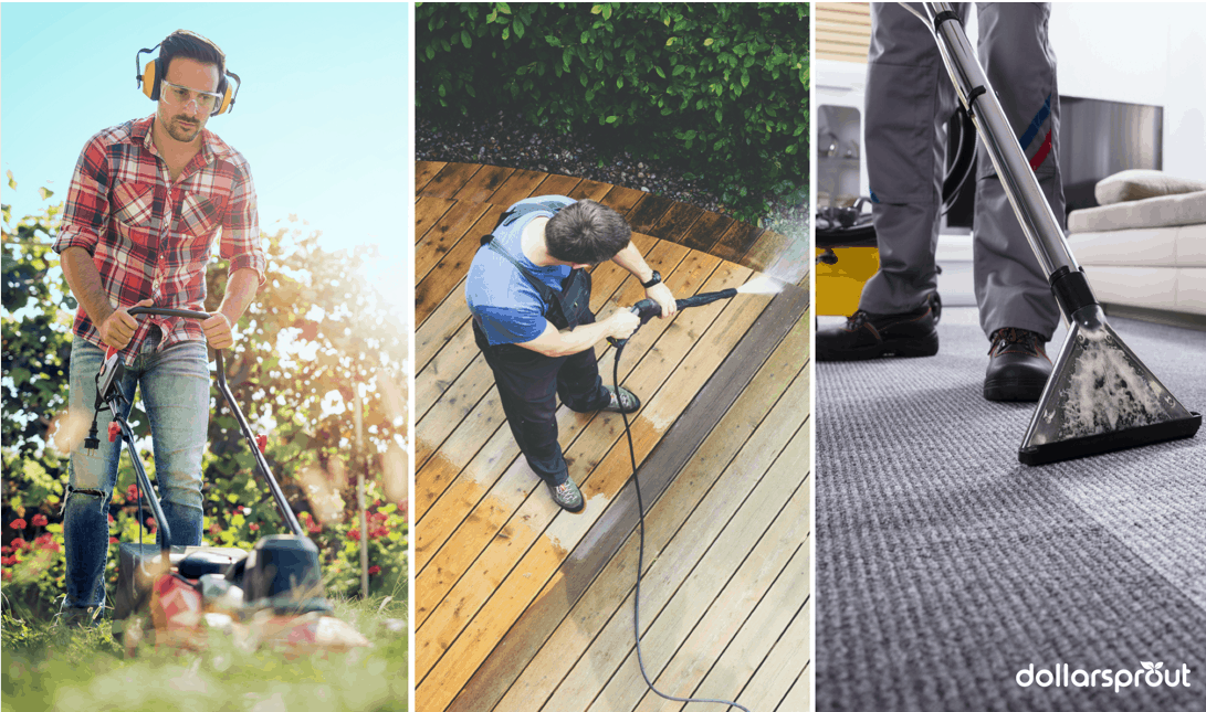 Three panels: mowing lawn, pressure washing, cleaning carpets