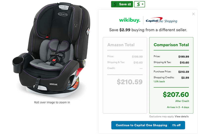 CapitalOne Shopping Amazon Comparison Tool for Car Seat