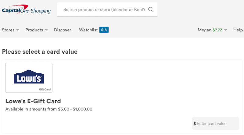 CapitalOne Shopping Lowe's Gift Card