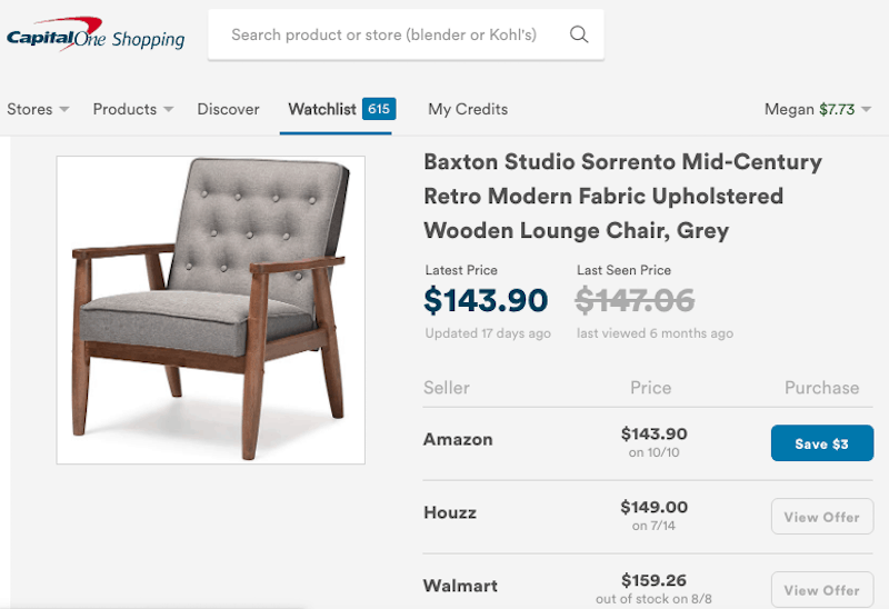CapitalOne Shopping Watchlist Feature