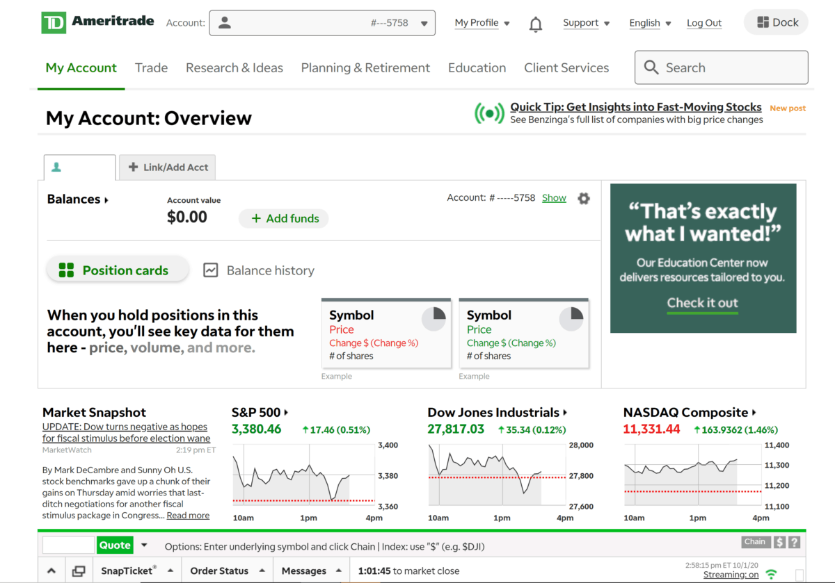 td ameritrade closes when openin quotes