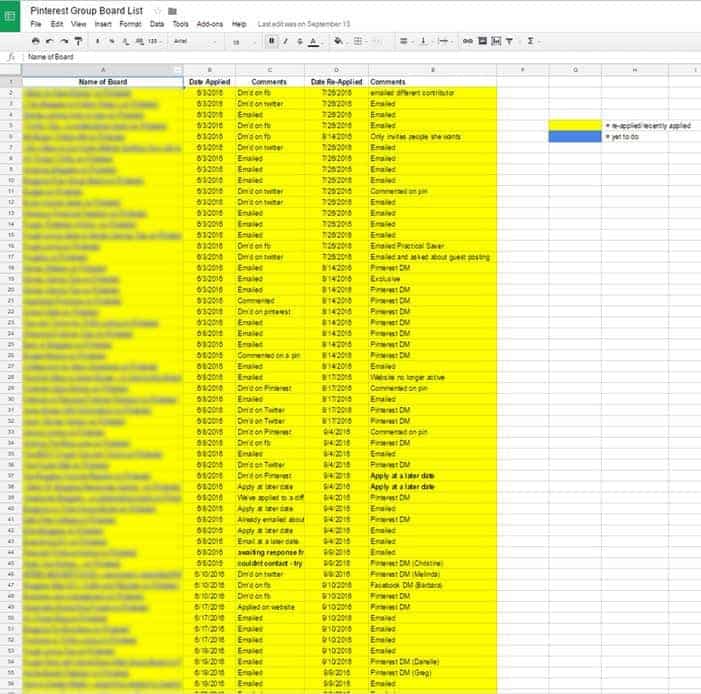 pinterest group board spreadsheet