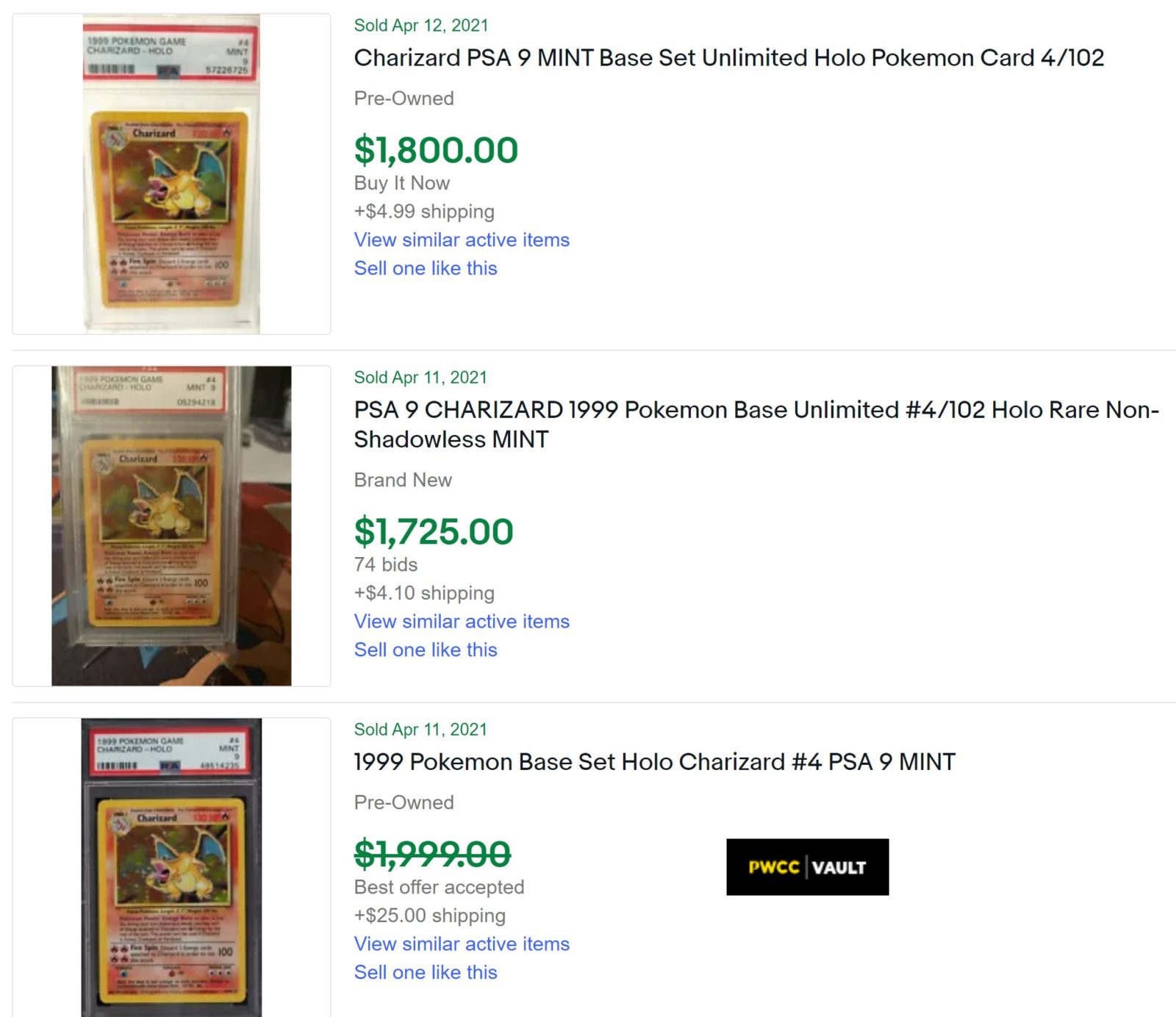 eBay's recently sold filters allow users to get an idea of the current market or "comparative" price for a particular card. Screenshot | eBay