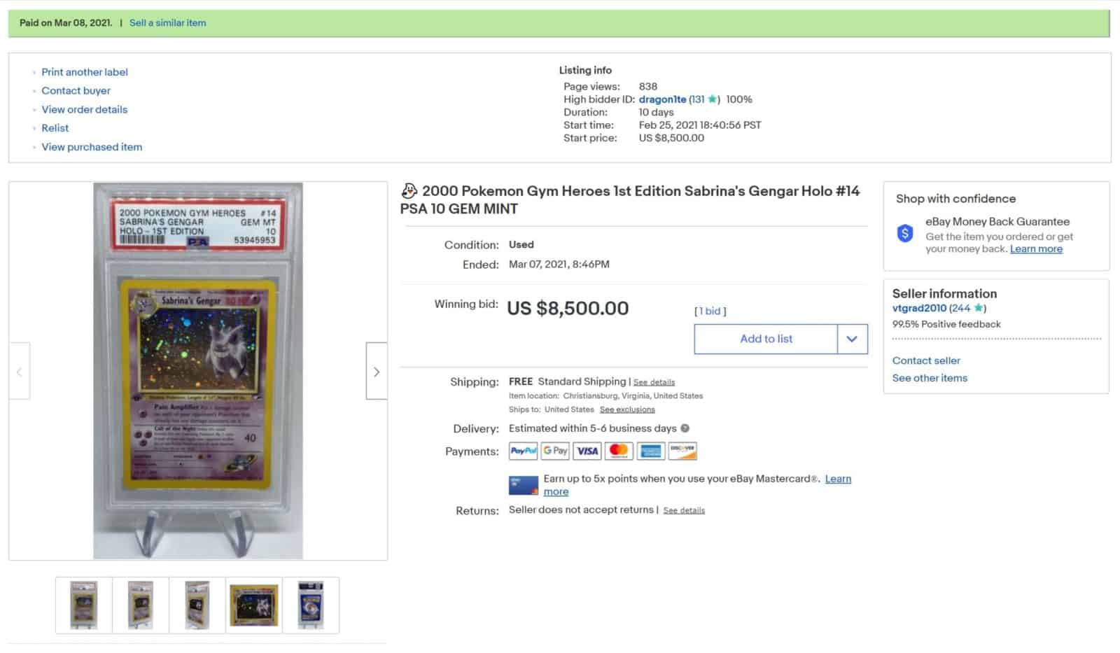 example ebay auction for pokemon card