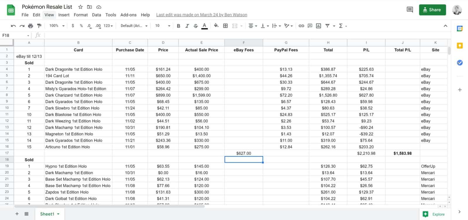 sample tracking sheet for pokemon card flipping side hustle