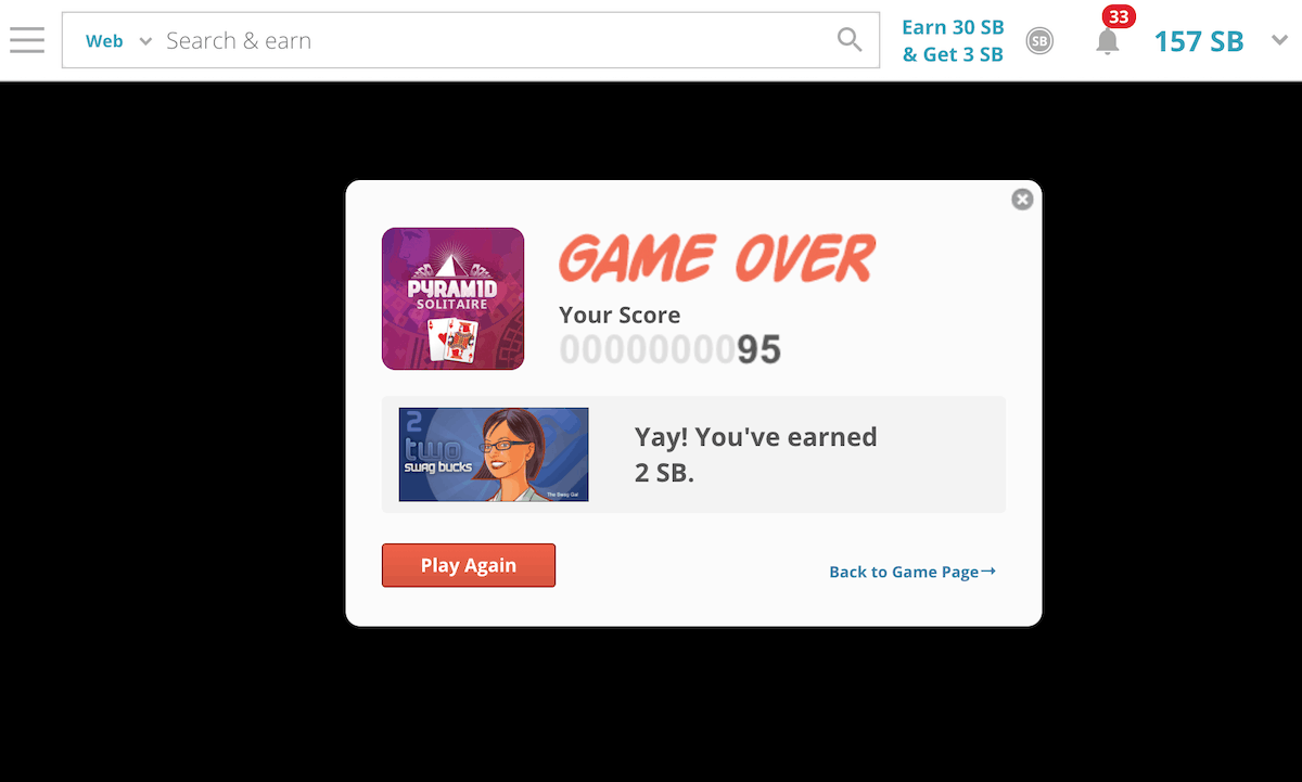 Swagbucks Solitaire Points for Losing