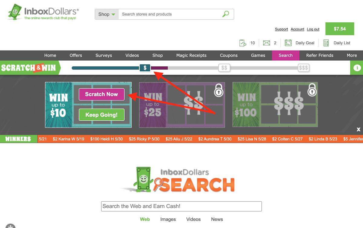 InboxDollars Scratch and Win Tier 1