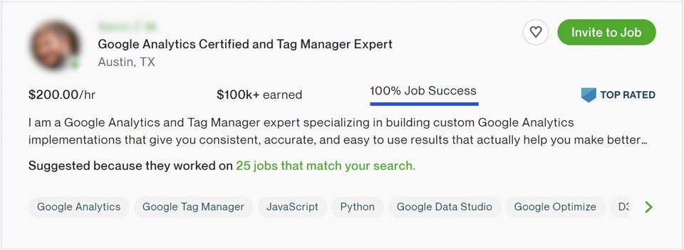 profile of web analytics expert on upwork