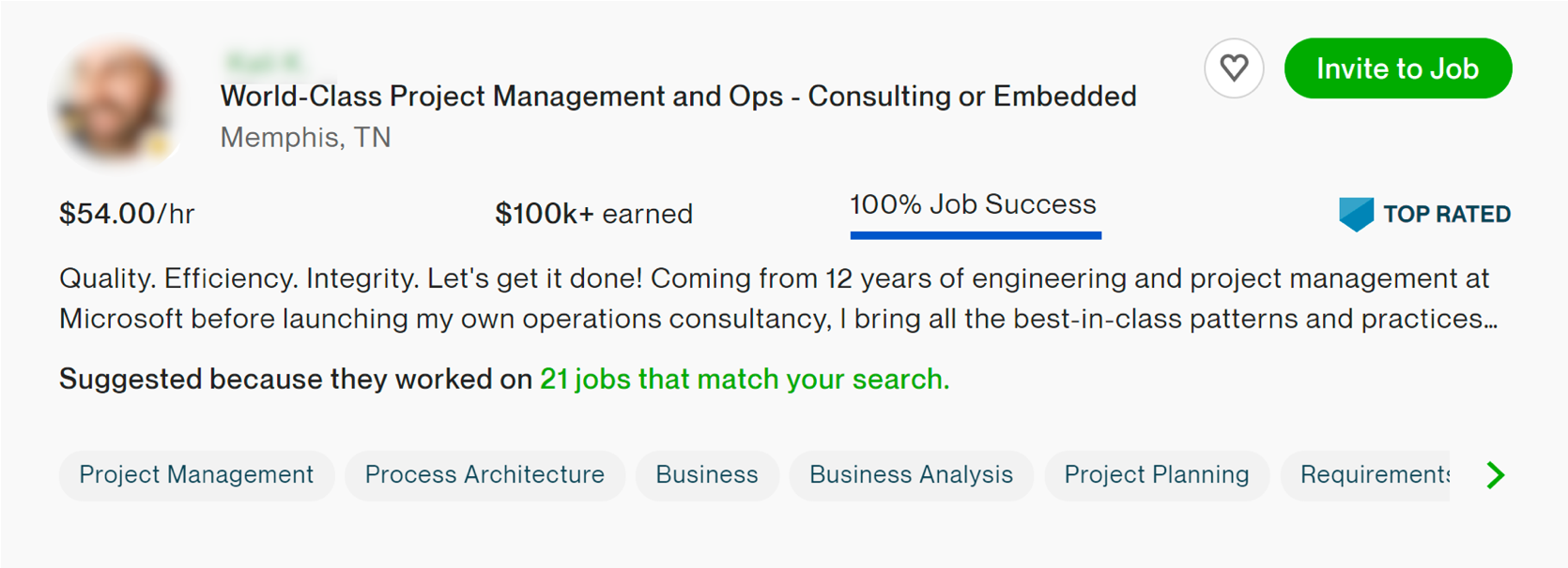 Upwork profile for a Project Manager who charges $54 per hour.