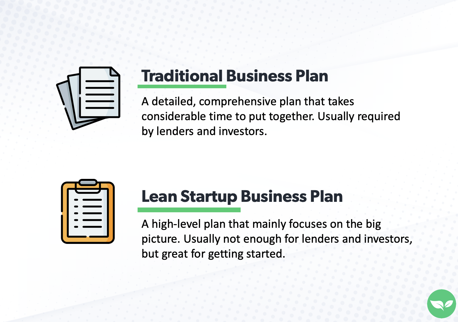 Infographic showing the difference between a traditional business plan and a lean startup business plan.