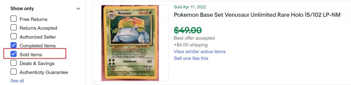 Ceny porównawcze eBay pomagają sprzedawcom określić wartość godziwą karty Pokemon