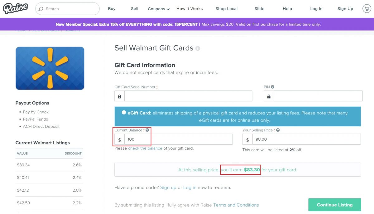 raise quote for selling $100 walmart gift card online