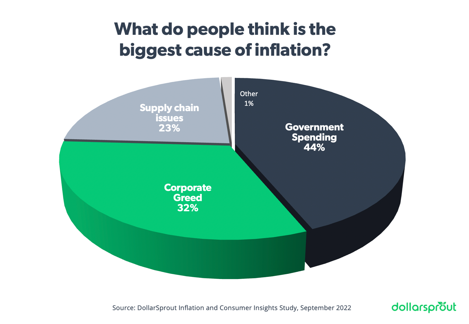 Pie chart showing that 44% of Americans believe the government is the main cause of inflation, 32% say it's corporate greed, and 23% cite supply chain issues.