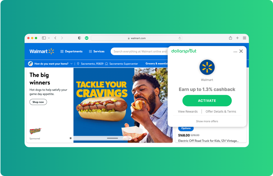 DollarSprout Rewards browser extension offering cash back at Walmart
