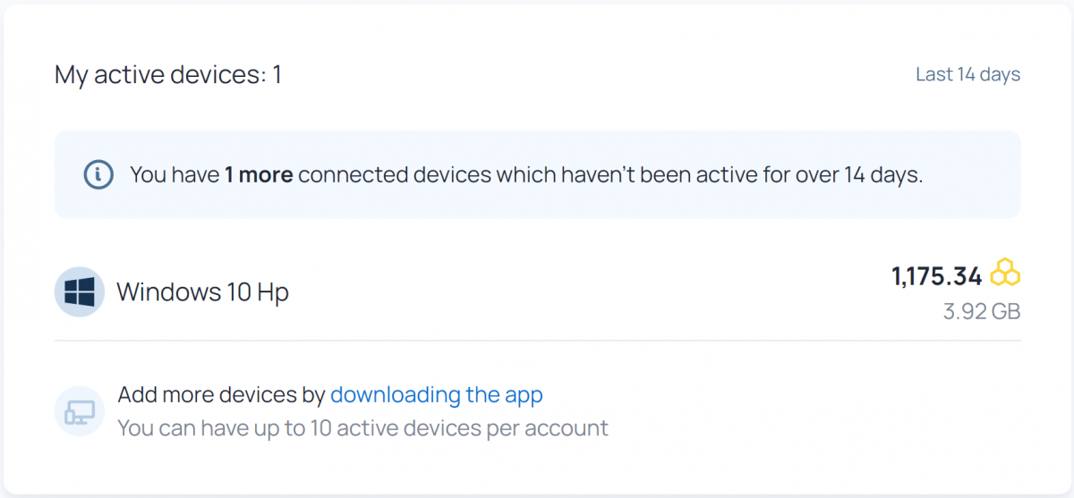 my active devices connected to the honeygain app