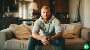 A concerned and self reflective man in his late twenties sitting on a couch in a modest apartment.