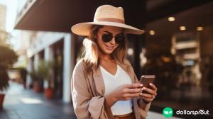 A woman wearing a sunhat on a city street looking at her phone.