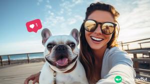 A fun-loving brunette female holding her Iphone and taking a selfie with her cream colored french bulldog on the boardwalk at the beach. There is an Instagram heart icon above the dog's face.