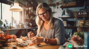 A middle aged woman sitting at her craft table.