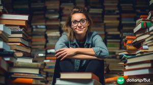 A nerdy woman sitting on the floor leaning up against a massive stack of books. She has a look of satisfaction on her face.