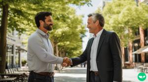 Two men dressed business casual, shaking hands on a neighborhood street.