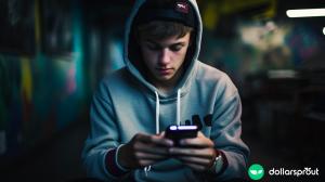 A teenager playing a video game on his phone.