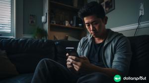 A young Asian man sitting on his couch, comparing two apps on his phone.