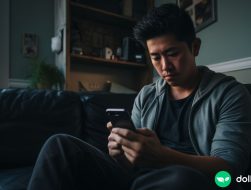 A young Asian man sitting on his couch, comparing two apps on his phone.