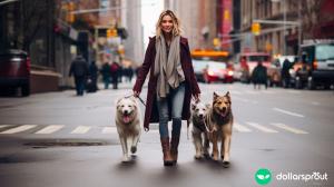 A single woman walking three dogs down the streets of NYC.